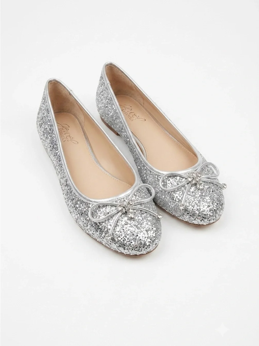 Jewel Badgley Mischka Silver Glitter Ballet Flats - Crystal Bow Accent | Size 8